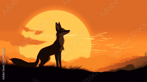 The silhouette of a fox on a plain at sunset  created in 2d software