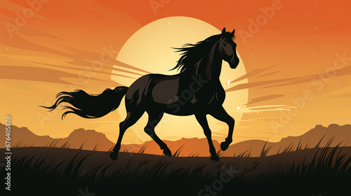 The silhouette of a horse on the background of a plain at sunset, illustration © frimufilms