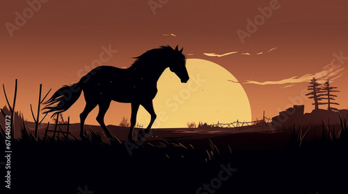 The silhouette of a horse on the background of a plain at sunset  illustration