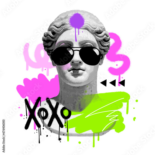 90s cool Halftone sculpture mixed media collage with graffiti abstract strokes. Vector poster illustration for t-shirt prints, posters, cards, stickers and other uses.