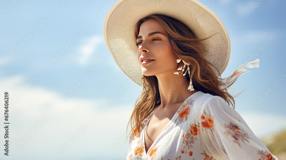  a woman wearing a white hat and a white dress and earrings.  generative ai