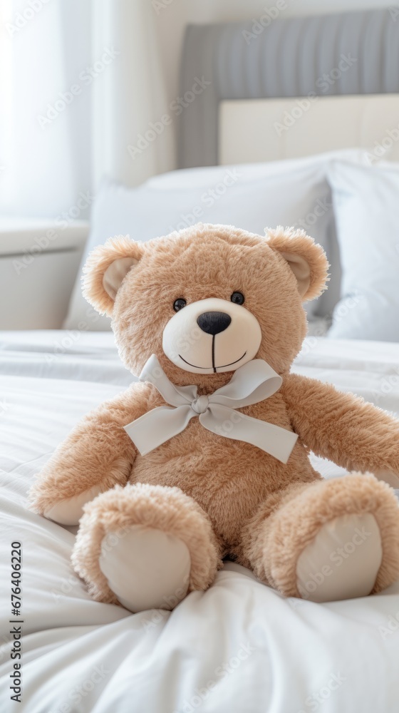 A teddy bear is sitting on a cozy bed
