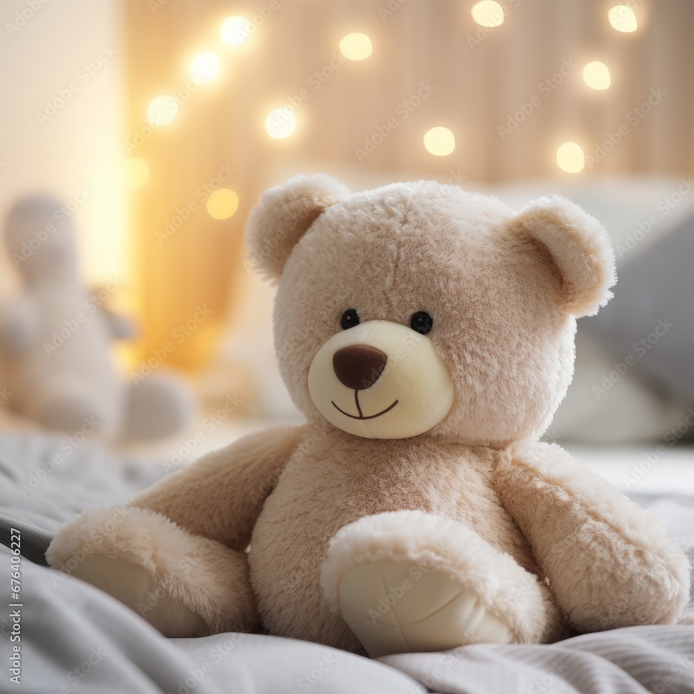 A teddy bear is sitting on a cozy bed A teddy bear is sitting on a cozy bed