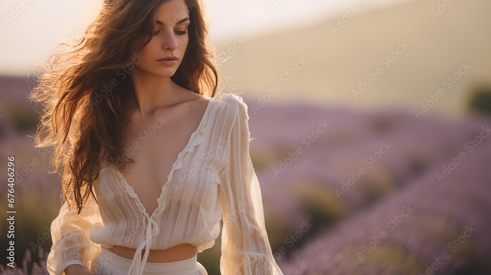 Portrait of woman in lavender field, romantic soft light style Portrait of woman in lavender field, romantic soft light style