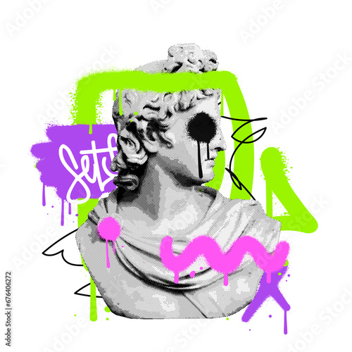 Urban street style vaporwave Ancient Greek statue with graffiti abstract strokes. Anti establishment Hipster graphic vector print for tee - t shirt. Halftone marble bust crossed out