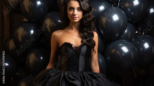 Beautiful young woman in prom dress and with balloons on black background 
