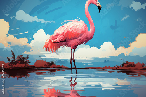Flamingo standing in the sea against the blue sky