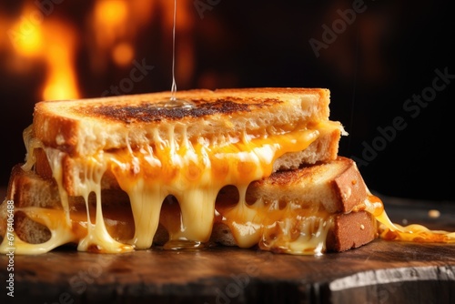  a grilled cheese sandwich with melted cheese on a cutting board. generative ai