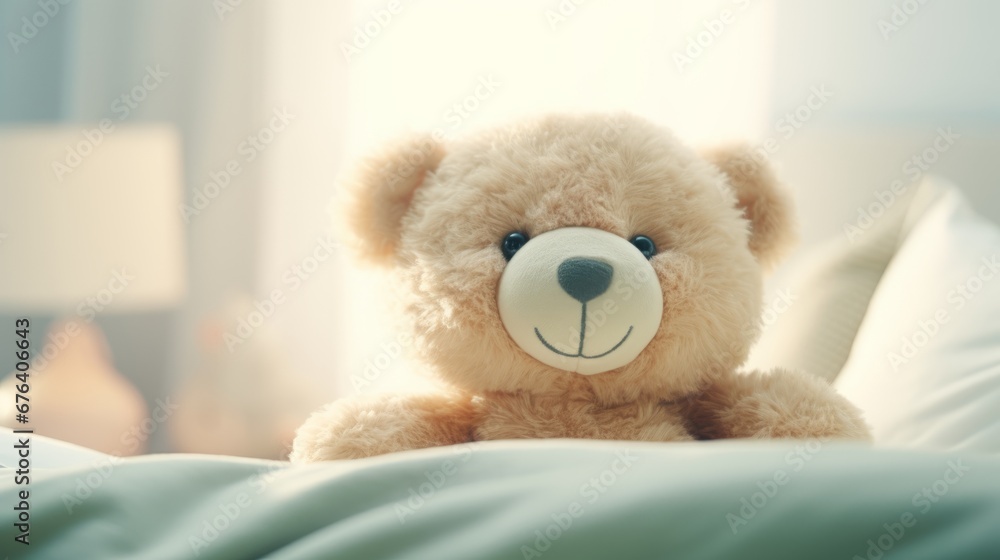 A teddy bear is sitting on a cozy bed A teddy bear is sitting on a cozy bed