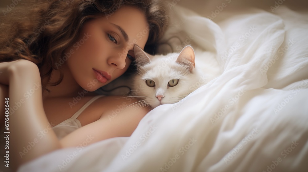 Woman lay down with cat on bed, soft light morning Woman lay down with cat on bed, soft light morning