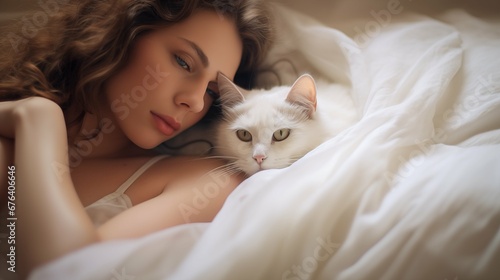 Woman lay down with cat on bed, soft light morning