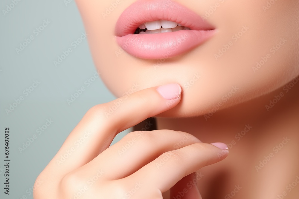 Obraz premium young beautiful woman girl with perfect makeup touching her lips on light background, closeup. cosmetology, beauty and spa concept