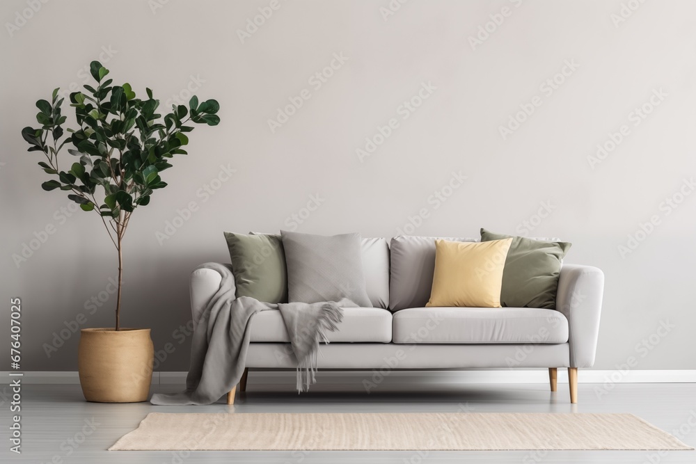 gray sofa with cushions and a table set with a vase of plant branches on white wall gray sofa with cushions and a table set with a vase of plant branches on white wall
