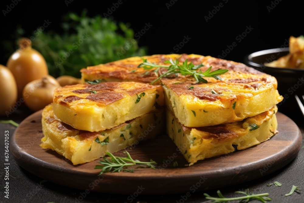 a wooden plate topped with a stack of food on top of a table. generative ai a wooden plate topped with a stack of food on top of a table. generative ai