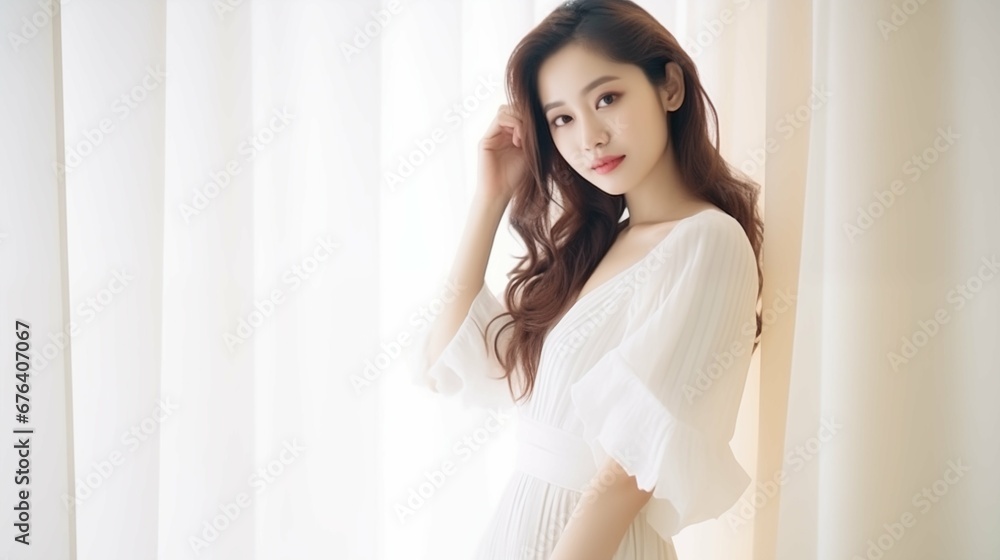Graceful Asian Woman in a Stylish Dress, Illuminated by Soft Light, Exuding Elegance and Luxury for a Timeless Portrait Graceful Asian Woman in a Stylish Dress, Illuminated by Soft Light, Exuding Elegance and Luxury for a Timeless Portrait