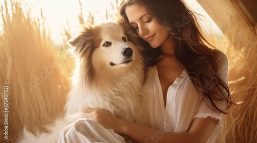 Woman Lovingly Petting a Dog in a Cozy Room Bathed in Warm Soft Light  Capturing the Essence of Companionship and Comfort