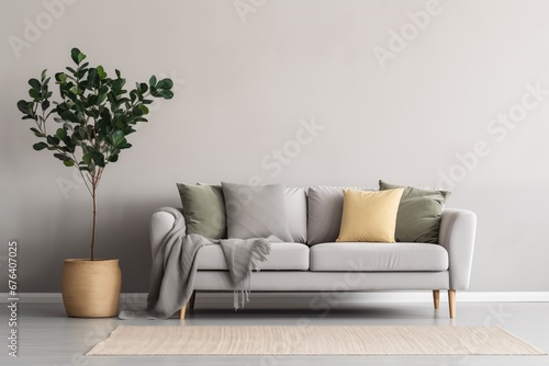 gray sofa with cushions and a table set with a vase of plant branches on white wall