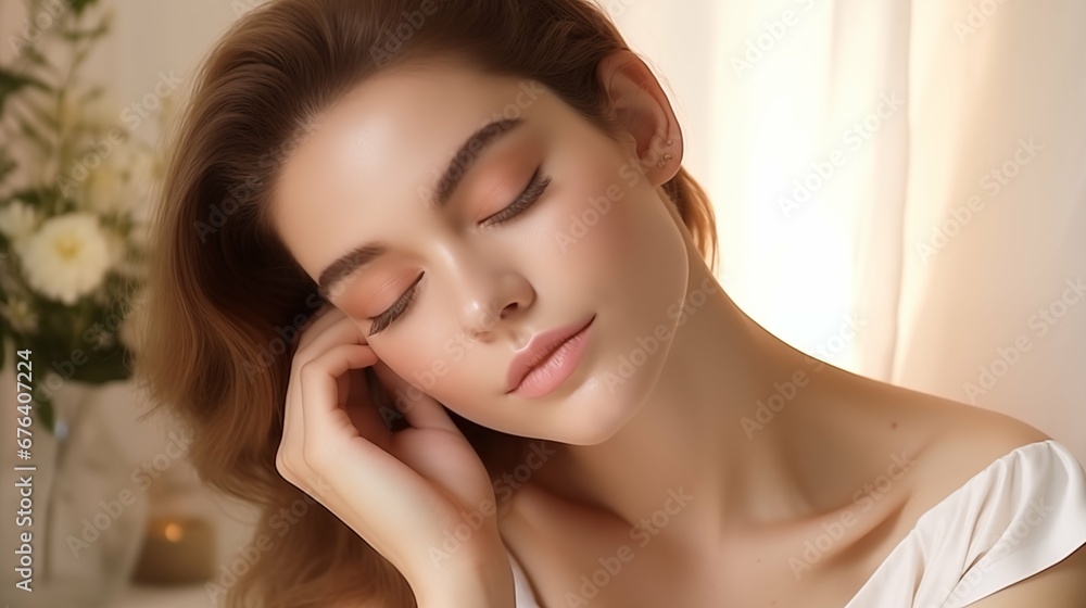 Beautiful Woman Posing for Facial Banner in a Romantic Soft Light Room, Beauty and Skincare Concept, Elegant and Glamorous Setting Beautiful Woman Posing for Facial Banner in a Romantic Soft Light Room, Beauty and Skincare Concept, Elegant and Glamorous Setting