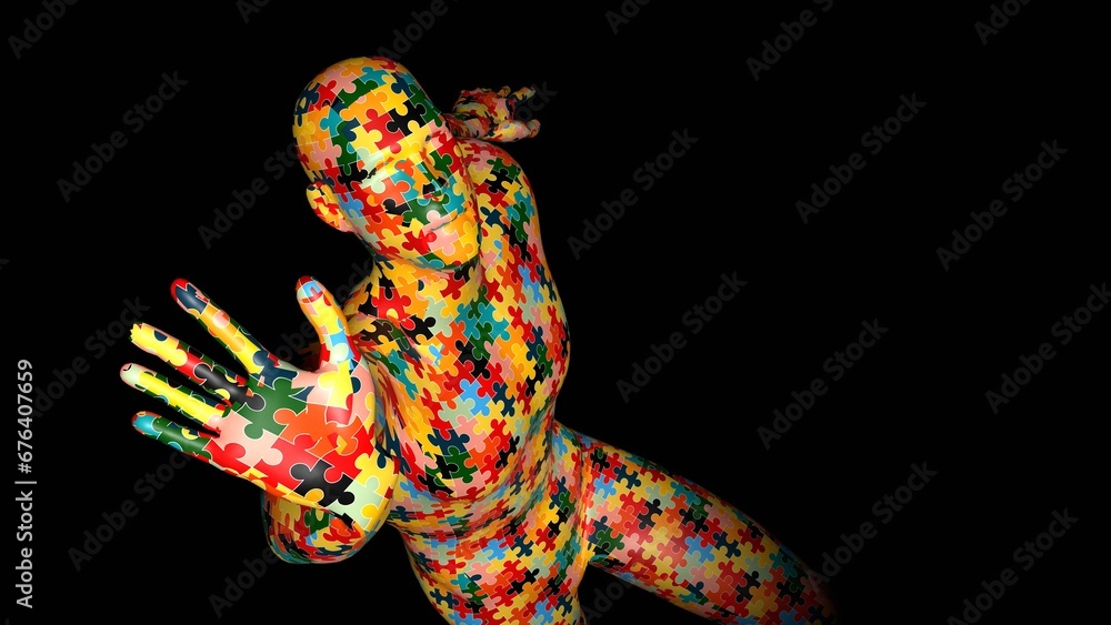 silhouette of a man from puzzles, dynamic pose, abstract, on a black, isolated background, 3d render silhouette of a man from puzzles, dynamic pose, abstract, on a black, isolated background, 3d render
