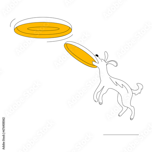The dog catches the disc. Conceptual illustration on the frisbee theme. Isolated vector character.