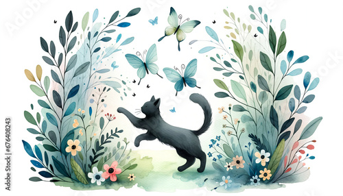 Watercolor illustration with adorable black cat playing with blue butterflies in green garden. Design for kids, cards, background. Cute and funny, cartoonish
