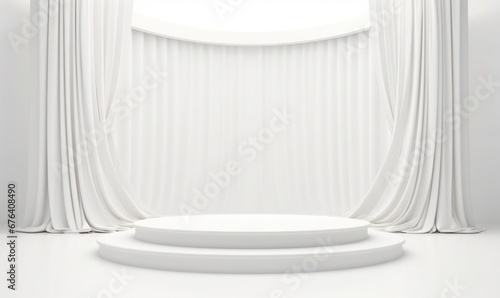 Elegant White Display: Symmetrical Curtains and Central Podium for Premium Product Showcases