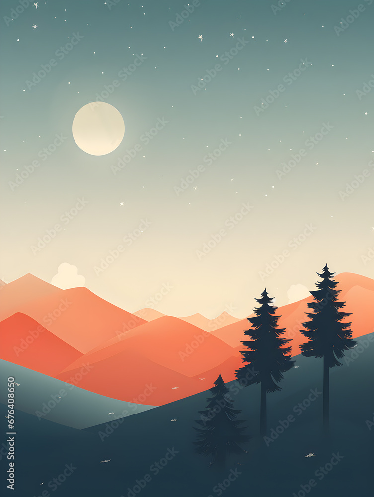 A minimalist illustration of a sunset where trees stand against a captivating gradient sky as stars begin to shine at dusk. Mountain silhouette. A minimalist illustration of a sunset where trees stand against a captivating gradient sky as stars begin to shine at dusk. Mountain silhouette.