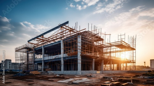 Construction background: A Construction site of large residential commercial building, some already built, large metal structure with bright sky background.