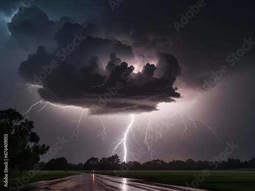 Thunderstorm clouds crash over rural bushes and rain-soaked roads.Generative AI