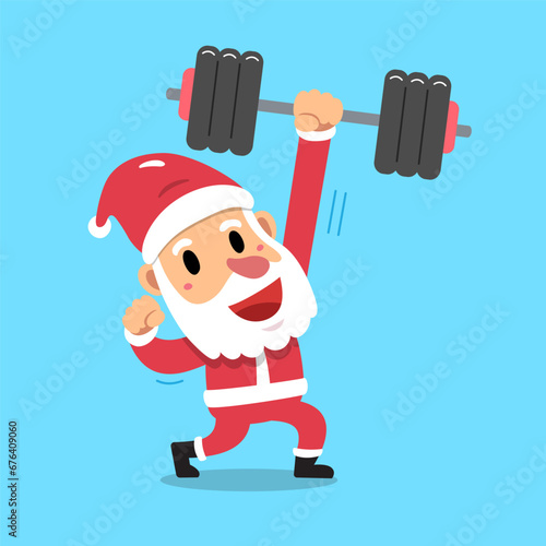 Cartoon santa claus character doing weight training for design.