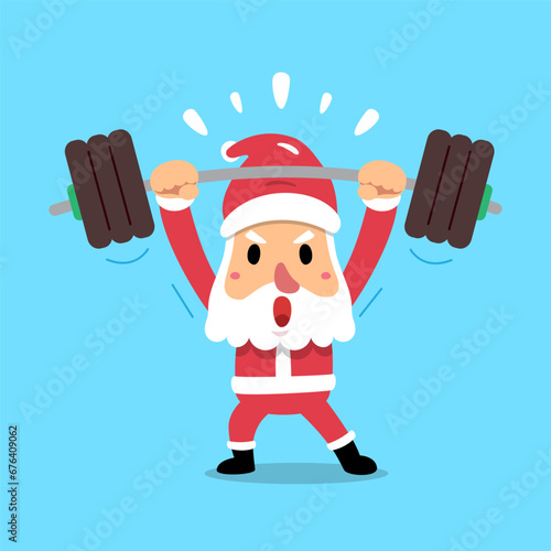 Cartoon santa claus character doing barbell weight training for design.