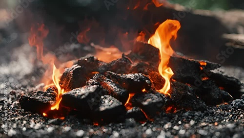 steady stream smoldering embers drifts upwards against backdrop dark smoke, resembling river fire flowing through air.