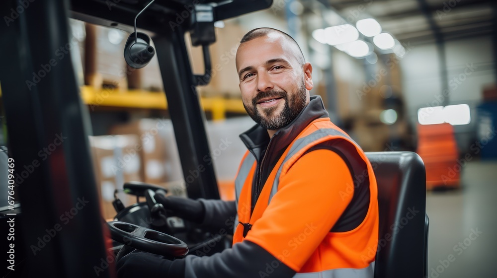 A Portrait of a professional industrial worker driving a forklift, a team of quality control staff storing goods, shelving, Warehouse Workshop for factory workers, quality control engineers. A Portrait of a professional industrial worker driving a forklift, a team of quality control staff storing goods, shelving, Warehouse Workshop for factory workers, quality control engineers.