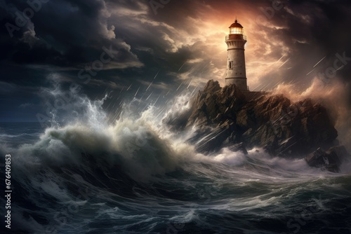 Lighthouse on a cliff during a storm © PinkiePie
