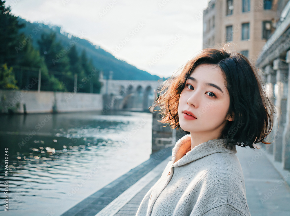 운하 옆을 걷는 단발머리 아시아 여성 사진 운하 옆을 걷는 단발머리 아시아 여성 사진