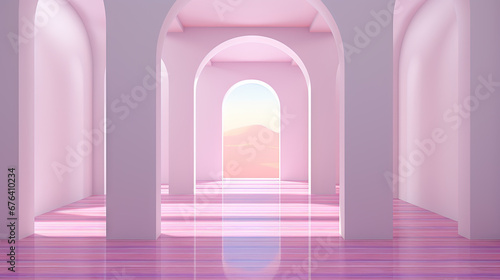 Abstract pink room with arch. Surreal architectural abstraction in pastel colors.