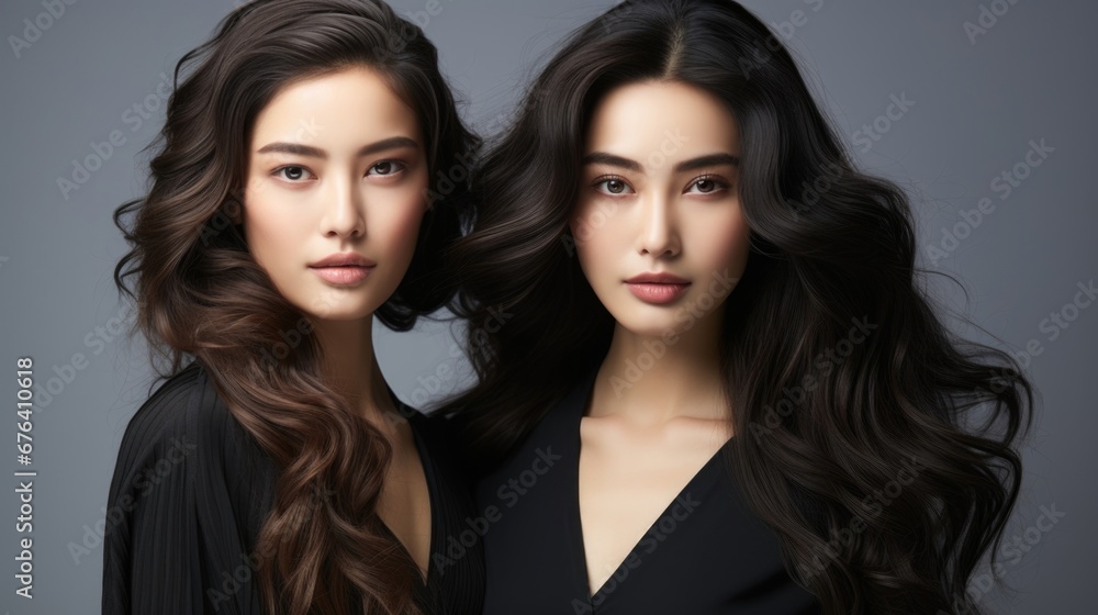 Elegance and beauty meet in a fashion concept featuring a young Asian woman, emphasizing cosmetics and hair care. Elegance and beauty meet in a fashion concept featuring a young Asian woman, emphasizing cosmetics and hair care.
