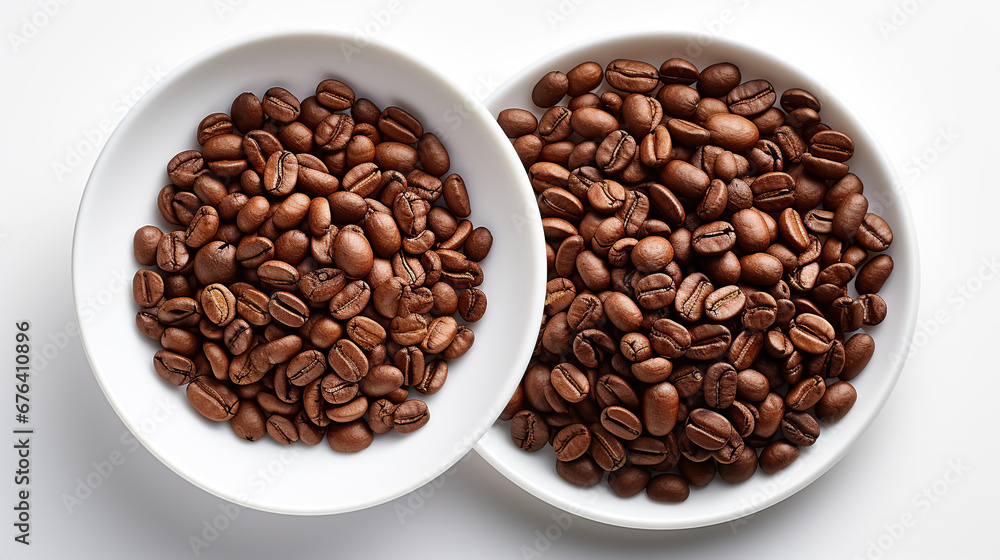 Flat lay of Roasted Coffee beans and ground coffee in white bowl isolated on white background Flat lay of Roasted Coffee beans and ground coffee in white bowl isolated on white background