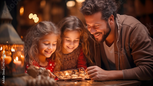 daughters and dad look at gifts on Christmas night  delighted  expressing happiness