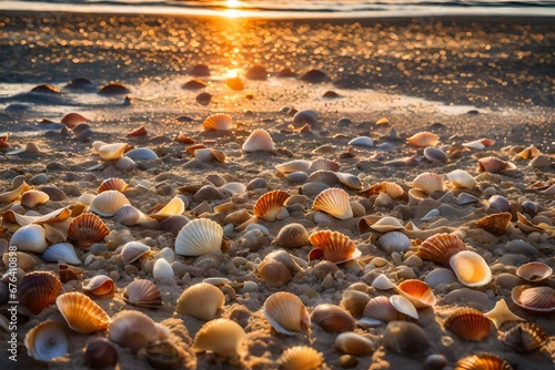 coast strewn with shells and clams against the backdrop of sunset coast strewn with shells and clams against the backdrop of sunset 