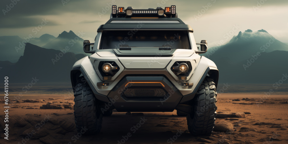 Travel and safari concept. 4x4 truck in the jungle, on the background of the mountains.	
 - obrazy, fototapety, plakaty 