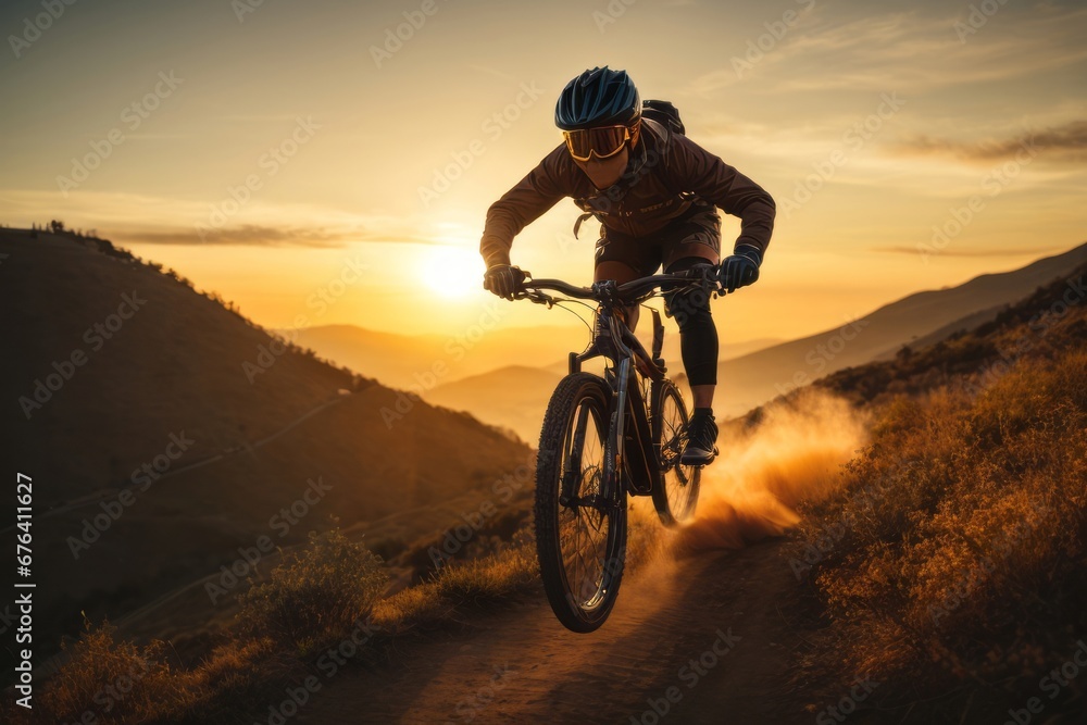 Silhouette of a man on a bicycle in the mountains at sunset. A young guy cyclist performs stunts and jumps. Sports, active healthy lifestyle, travel concepts.