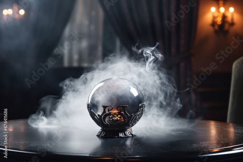 Esoterics and astrology concept background, fortune telling crystal ball in grey smoke and spooky room, magic spiritual seanse, copy space photo