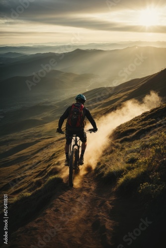 A man wearing a helmet rides a bicycle in the mountains at sunset. Sports, active healthy lifestyle, travel concepts Silhouette of a cyclist