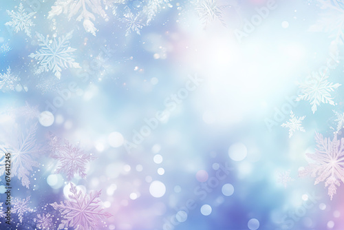 Christmas background with snowflakes and bokeh. Winter holidays celebration backdrop with snow on blurred background.