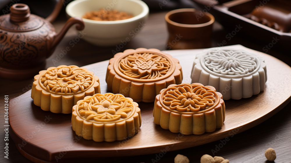 Beautiful Moon cakes on a wooden tray with tea and flower on black slate background. Chinese traditional Mid-Autumn Festival concept. Beautiful Moon cakes on a wooden tray with tea and flower on black slate background. Chinese traditional Mid-Autumn Festival concept.