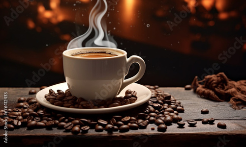 A white cup of coffee with a bunch of coffee beans on a blurred background