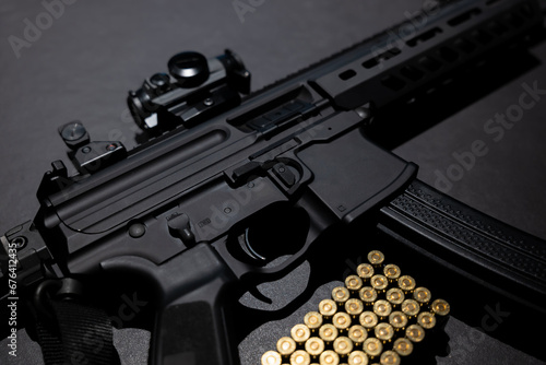 Modern Elegant Assault Rifle and Bullet on Grey Background in Switzerland.