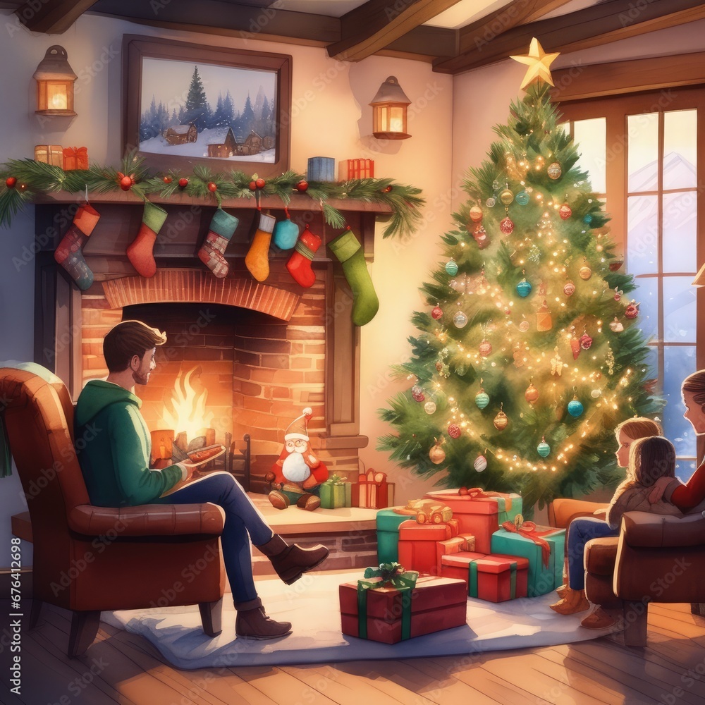 A family by the fireplace by the tree on Christmas Day A family by the fireplace by the tree on Christmas Day