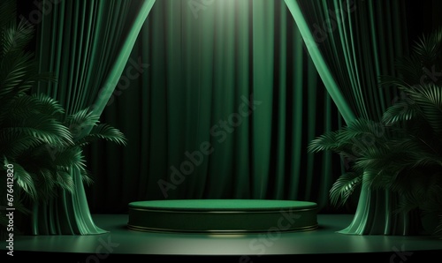 Green Emerald Display: Symmetrical Curtains and Central Podium for Premium Product Showcases